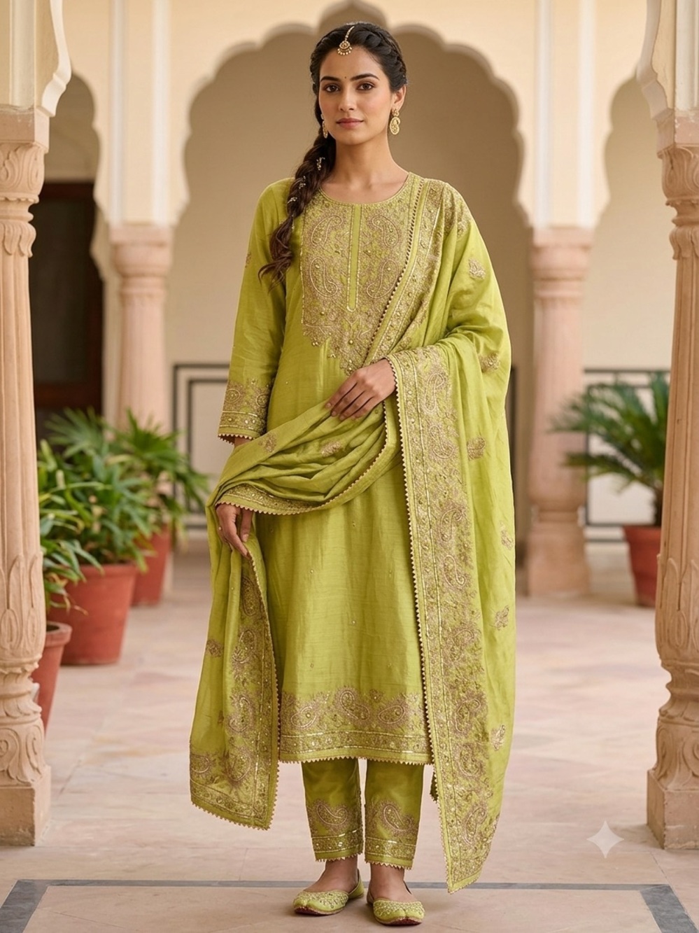 Embroidered Olive Green Ethnic Set